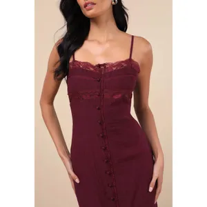 NWT Lulus Veanna Burgundy Textured Lace Button-Front Midi Dress Party Size S thumbnail 8
