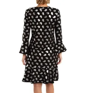 MICHAEL KORS Black/Silver Foil Paisley Flounce Shift Dress Bell Sleeves Size S thumbnail 4