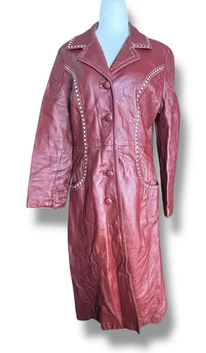 Vintage 70s Burgundy Leather Longline Trench Coat White Whipstitch Western Ranch thumbnail 1