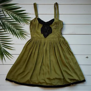 Project Alabama Olive Silk Pleated Dress – Size 6 Black Lace Bodice | Silk thumbnail 7