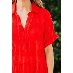 Umgee Womens 100% Cotton Dress Large Red Polka Dot Tiered Short Sleeve Boho‎ thumbnail 4