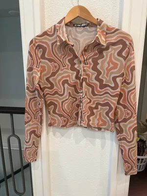 The Kript XL Psychedelic Swirl Mesh Button Front Crop Top Y2K thumbnail 2