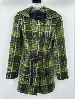 Mac & Jac‎ Green Plaid Belted Coat Asymmetrical Zip Snap Front Jacket Size XS thumbnail 1