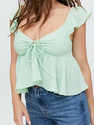Urban Outfitters Keyhole Babydoll Ruffle Tie-Front Green Peplum‎ Crop Top thumbnail 1