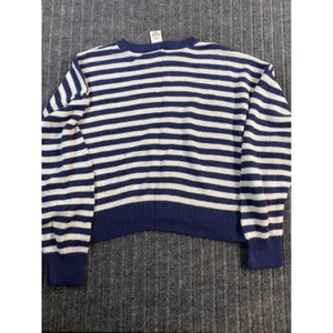 PINK Victoria's Secret Sweater Women M Blue White Striped Cropped Sleeve Detail thumbnail 3