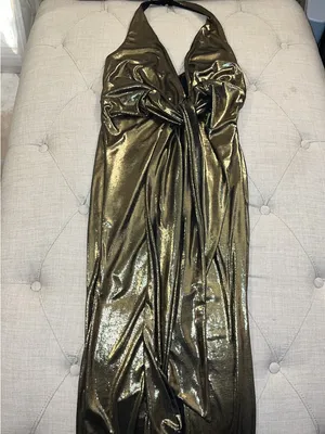 SHEIN Metallic Gold Plunge Tie-Front Maxi Dress thumbnail 2