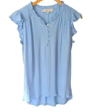 Ann Taylor LOFT Women’s Petite Ruffle Button Mixed Media Top PM Petite Medium thumbnail 1