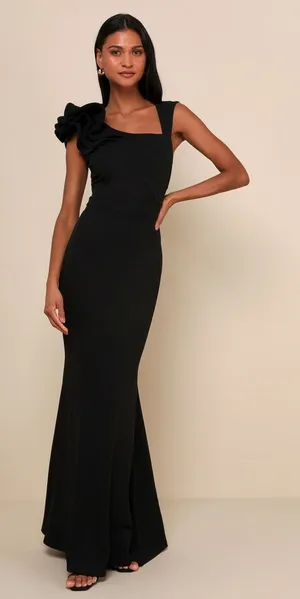 NWT Lulus Lucette Black Sleeveless Ruffled Mermaid Maxi Dress Gala Banquet Sz XS thumbnail 1