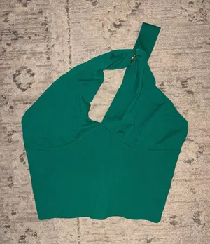 Zara Emerald Green One-Shoulder Ring-Accent Crop Top thumbnail 1