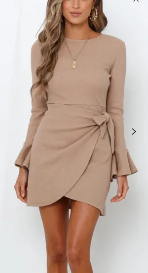 Hello Molly You for Me Beige Waffle Knit‎ Wrap Mini Dress Bell Sleeve US 6/M NEW thumbnail 1