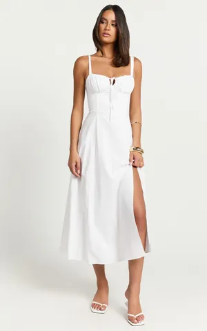 New Showpo MAIYA Midi Dress Tie Front Fitted Bodice Dress In White Size 4 thumbnail 3