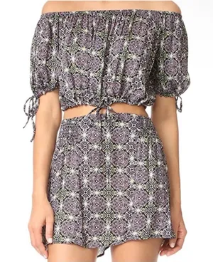 Free People Purple Kaleidoscope Medallion Off Shoulder Crop Top Shorts Set S/P thumbnail 1