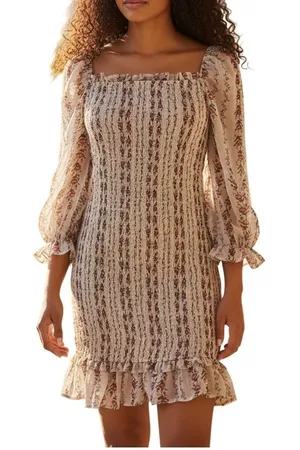 Aura‎ Floral Smocked Mini Dress Large Cream Red Square Neck Boho Cottagecore thumbnail 1