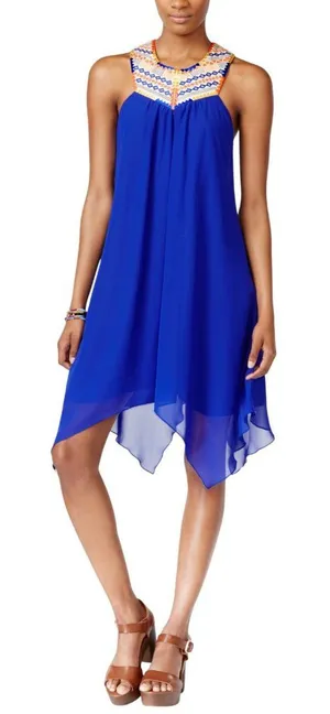 NWT City Studios Juniors Embroidered Handkerchief-Hem Shift Dress 2XS Blue thumbnail 1