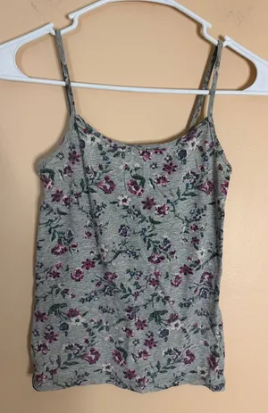 Aeropostale Grey Floral Spaghetti Strap Tank with Purple Flowers thumbnail 1