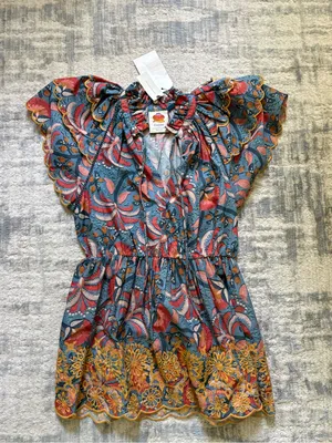NWT FARM Rio Anthropologie Ruffled Short Dress — Blue with Coral & Mustard thumbnail 2