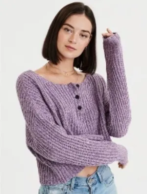 American Eagle Purple Henley Cropped Sweater XS Buttons Round Neck Casual‎ thumbnail 1