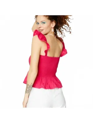 Roller Rabbit Dove Smocked Bodice Ruffle Cap Sleeve Square Neck Peplum Hem Top S thumbnail 2