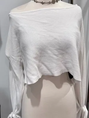 Zara White Knit Ribbed Cropped Top with Tie Cuff Bell Sleeves thumbnail 2