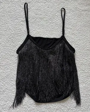 Black Metallic Shimmer Fringe Cami Tank Top XXL Festival coachella rave Goth Y2K thumbnail 1