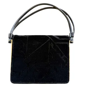 VTG Black Velvet Evening Handbag Gold Frame Retro Geometric Whimsigoth Purse thumbnail 2