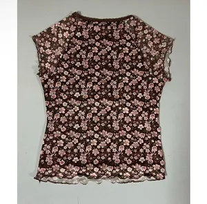 Brown Pink Floral Lace Bow Short Sleeve Tee T-Shirt Top Blouse Size M 🌸✨l thumbnail 4