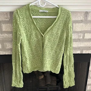 Mango MNG Open Work Knit Scalloped V neck Cardigan Long Sleeve Green Womens S thumbnail 7