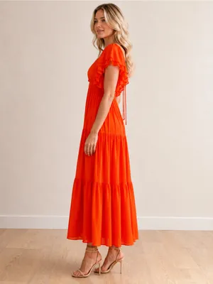 NEW Boutique Women's Orange Tiered V-Neck Maxi Dress Small thumbnail 2