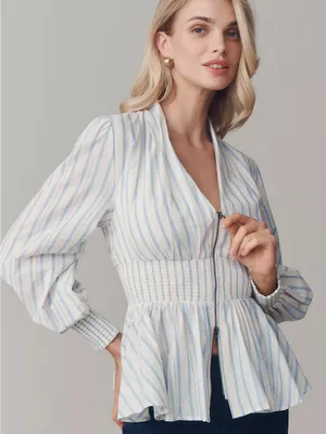Anthropologie Tommie Long-Sleeve Smocked Front-Zip Blouse thumbnail 1