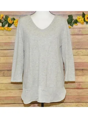Neiman Marcus Cashmere Sweater L Beige 100% Cashmere Silk Hem V Neck Tunic thumbnail 2