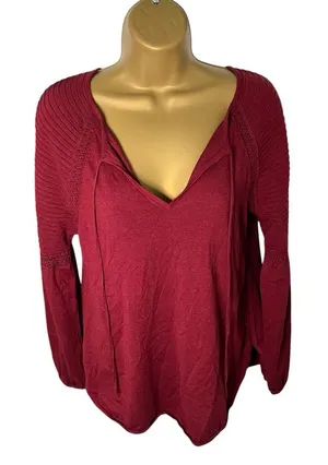 LOFT Boho Knit Top Tie Neck Ribbed Crochet Trim Burgundy M thumbnail 1