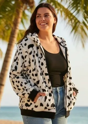 Arvil Hill Dalmatian Print Fleece Hoodie‎ Zip Up Women's XL Black White Cozy thumbnail 1