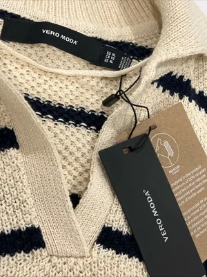 NEW Vero Moda Vmazing VNeck Pullover Cream & Navy Stripe Knit Crop Sweater sz XL thumbnail 2