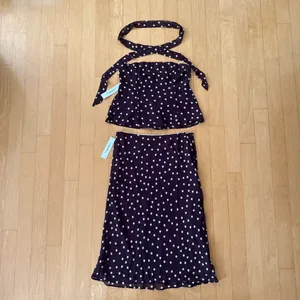 Princess Polly Sydni chocolate brown and pink polka dot scarf strapless top and midi skirt set thumbnail 2