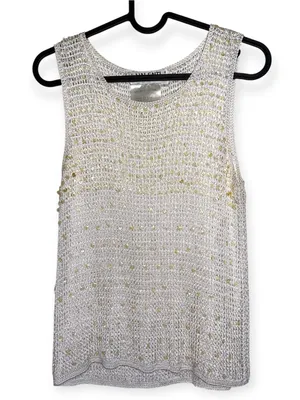 Valenti Vintage Crochet Knit Hand-Beaded Sequin White sleeveless Tank Top Size S thumbnail 2