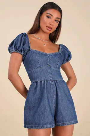 NWT Lulus Feylith Medium Wash Denim Romper Blue Lace Up Back Party Date Size M thumbnail 1