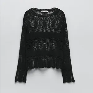 ZARA Black Crocheted Open Knit Scalloped Crewneck Sweat Small thumbnail 5