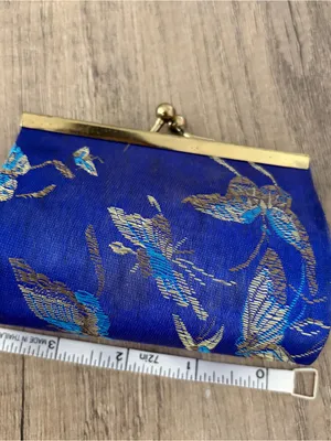 Vintage Blue Brocade Floral Kiss Lock Coin Purse Clutch Gold Tone Frame Travel thumbnail 4