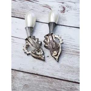 Vintage Clip On Earrings Extra Large Faux Pearl & Clear Gem Statement Dangle thumbnail 7