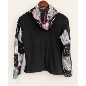 Nepal 100% Cotton Patchwork Tie Dye Peace Sign Zip Up Hoodie Black Pink Sz L/XL thumbnail 2