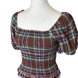 American Eagle Womens Plaid Square Neck Smocked Crop Top Small Holiday‎ Heritage thumbnail 5