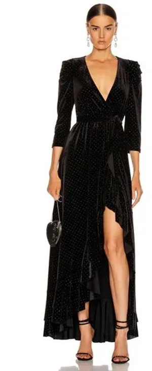Retrofête Flora Black Velvet Polka Dot Wrap Dress Women’s Size Small thumbnail 1