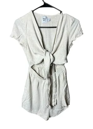 Princess Polly Ragnar Beige Linen Blend Tie Front Romper Size 4 thumbnail 1