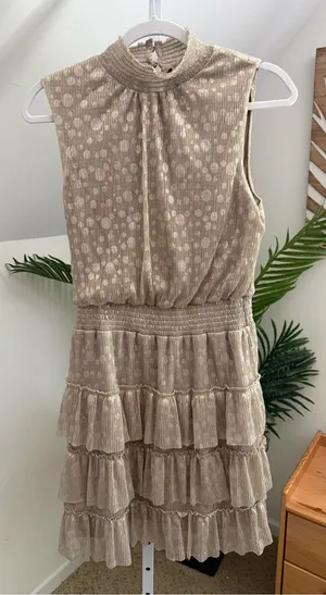 MSK Sleeveless Gold Metallic Polka Ruffle Tiered Dress M thumbnail 1