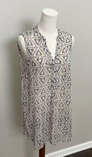 Lumière Top Tunic Sheer Split Neck Collar Lagenlook Geometric Blue Tan Ivory thumbnail 2