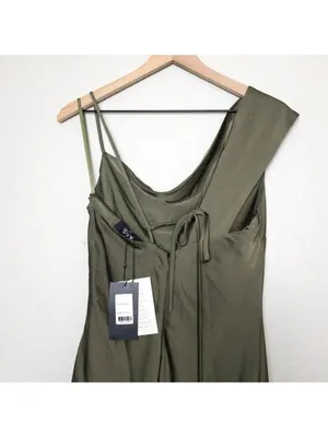 NWT ABS Allen Schwartz Everly Satin Drape Dress 2 Olive Green Slit One Shoulder thumbnail 10