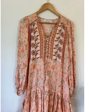 Petal + Pup womens maxi dress size 4 orange print long sleeve v neck tiered thumbnail 2