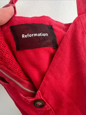 Reformation Red Button Smocked linen Mini Dress thumbnail 8