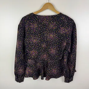 Kate Spade Polka Dot Wrap Blouse‎ Size XS Black Peplum Long Sleeve Preppy Office thumbnail 3