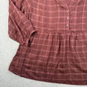 Wrangler Women's XL Burgundy Plaid Pleated V-Neck 3/4 Sleeve Peasant Blouse Top thumbnail 4